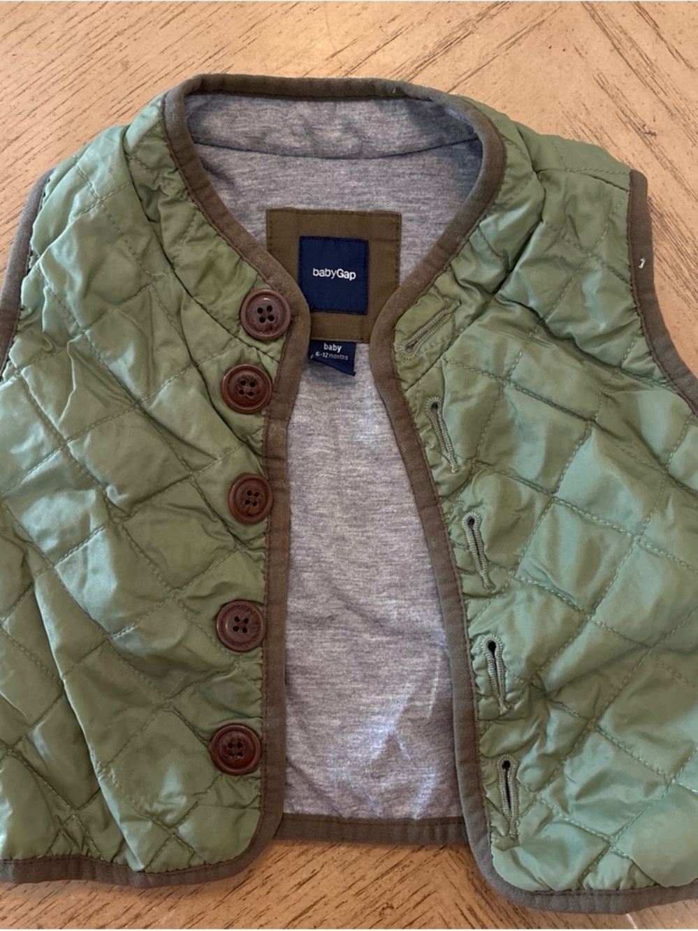 GAP Baby Light Green Quilted Vest with Brown Trim